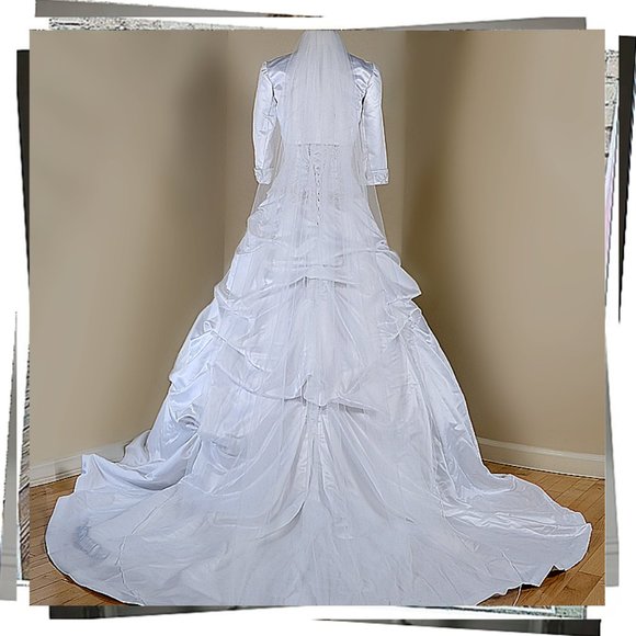 NWOT: Strapless White Satin Victorian Inspired Wedding Gown w/ Crystal & Beading - Picture 7 of 10